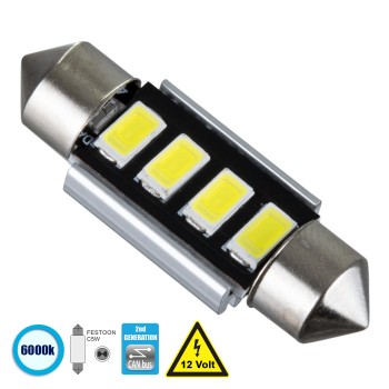 GloboStar® C5W 81312 Λάμπα Αυτοκίνητου 36mm FESTOON  2nd Generation Can-Bus Series LED 4 SMD 5630 3W 450lm 120° DC 12V IP20 Ψυχρό Λευκό 6000K