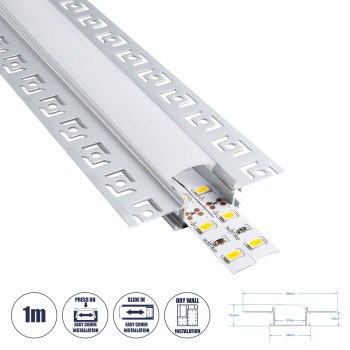 GloboStar® PLASTERBOARD-PROFILE 70819-1M Προφίλ Αλουμινίου - Βάση & Ψύκτρα Ταινίας LED με Λευκό Γαλακτερό Κάλυμμα - Χωνευτή Χρήση σε Γυψοσανίδα - Trimless - Πατητό Κάλυμμα - Ασημί - 1 Μέτρο - Μ100 x Π6.7 x Υ1.4cm