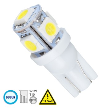 GloboStar® T10 W5W 81050 Λάμπα Αυτοκινήτου LED 5xSMD5050 1.3W 110lm 360° DC 12-16V IP20 Φ1.2 x Υ2.7cm Ψυχρό Λευκό 6000K