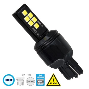 GloboStar® 81157 Λάμπα Αυτοκίνητου T20 - 7440 - W21W 2nd Generation Can-Bus Series LED 12 SMD 3030 8W 1200lm 360° DC 12V IP20 Ψυχρό Λευκό 6000K