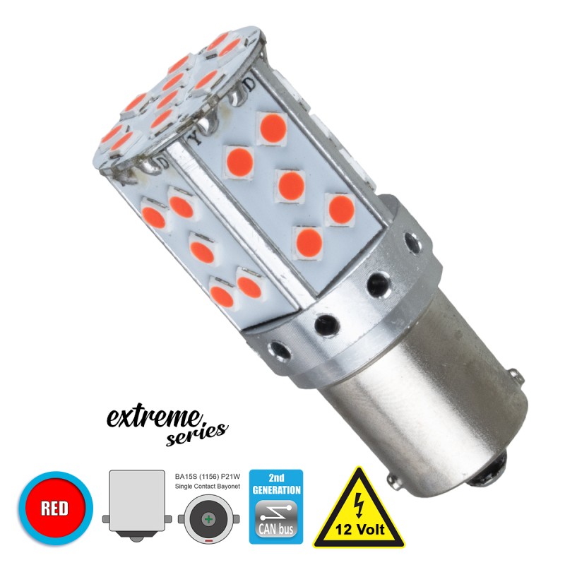 GloboStar® 1156 - BA15S - P21W  81240 Λάμπα Αυτοκίνητου  2nd Generation Can-Bus Extreme Series LED 35 SMD 3030 17W 2040lm 360° DC 12V IP20 Κόκκινο