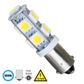 GloboStar® T4W BA9S 81285 Λάμπα Αυτοκίνητου LED 9 SMD 5050 3W 450lm 360° DC 12V IP20 Ψυχρό Λευκό 6000K