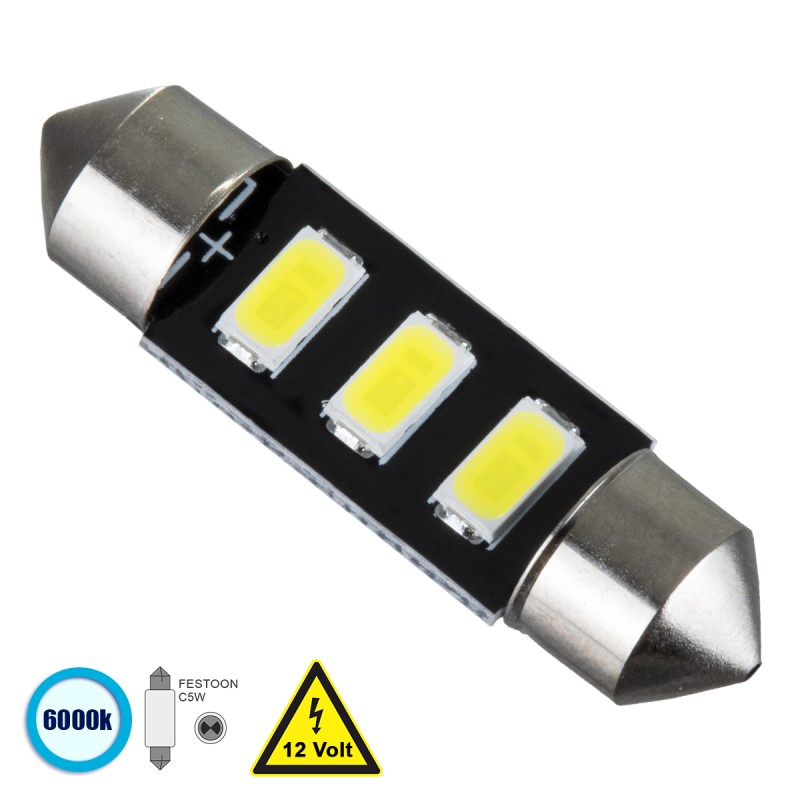 GloboStar® C5W  81302 Λάμπα Αυτοκίνητου 36mm FESTOON - LED 3 SMD 5630 1.5W 225lm 120° DC 12V IP20 Ψυχρό Λευκό 6000K