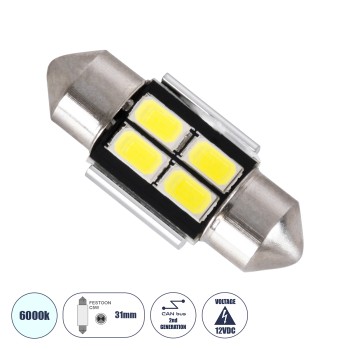 GloboStar® C5W 81310 Λάμπα Αυτοκίνητου 31mm FESTOON  2nd Generation Can-Bus Series LED 4 SMD 5630 3W 450lm 120° DC 12V IP20 Ψυχρό Λευκό 6000K