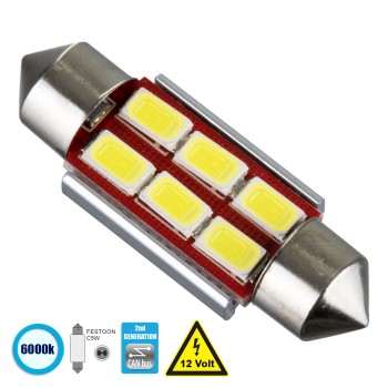 GloboStar® C5W 81313 Λάμπα Αυτοκίνητου 36mm FESTOON  2nd Generation Can-Bus Series LED 6 SMD 5630 4W 600lm 120° DC 12V IP20 Ψυχρό Λευκό 6000K