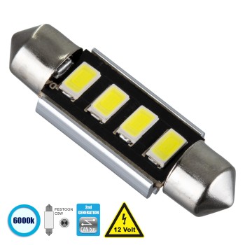 GloboStar® C5W 81315 Λάμπα Αυτοκίνητου 39mm FESTOON  2nd Generation Can-Bus Series LED 4 SMD 5630 3W 450lm 120° DC 12V IP20 Ψυχρό Λευκό 6000K