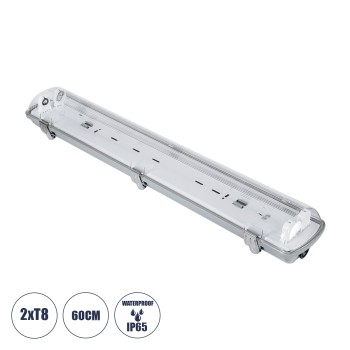 GloboStar® 90611 60cm Tri-Proof Πλαστικό PC Σκαφάκι με Μεταλλικά Clips για 2 x Λάμπες T8 Τύπου Φθορίου LED Τροφοδοσίας Ενός Άκρου Αδιάβροχο IP65