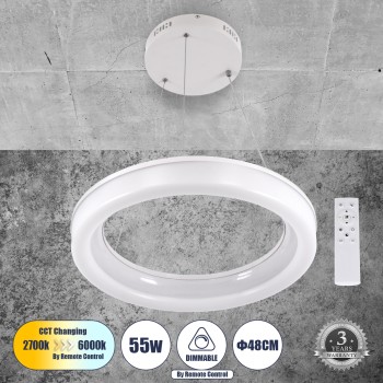 GloboStar® ARIANA 61038 Κρεμαστή Πλαφονιέρα Οροφής Κύκλος LED CCT 55W 6376lm 120° AC 220-240V - Εναλλαγή Φωτισμού μέσω Τηλεχειριστηρίου All In One Ψυχρό Λευκό 6000k+Φυσικό Λευκό 4500k+Θερμό Λευκό 2700k Dimmable Φ48cm - Λευκό - 3 Years Warranty