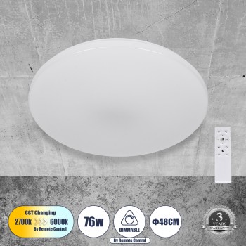 GloboStar® AVA 61017 Πλαφονιέρα Οροφής LED CCT 76W 8372lm 120° AC 220-240V - Εναλλαγή Φωτισμού μέσω Τηλεχειριστηρίου All In One Ψυχρό Λευκό 6000k+Φυσικό Λευκό 4500k+Θερμό Λευκό 2700k Dimmable Φ48cm - Λευκό - 3 Years Warranty