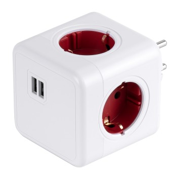 GloboStar® TRAVEL PowerCube PRO Certified 79634 Πολύπριζο 6 Θέσεων με 4 Πρίζες Ασφαλείας Childproof EU Schuko AC 220-240V & 2 Πρίζες USB Max 2.1A/DC 5V Μ7.5 x Π11.5 x Υ7.5 - Λευκό με Κόκκινο - Max Load 3680W/16A