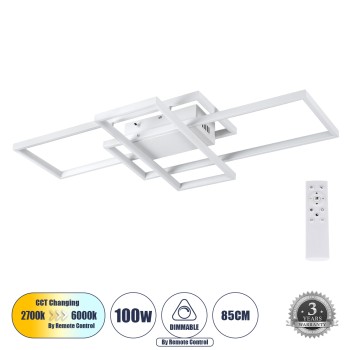 GloboStar® QUADRA 61386 Φωτιστικό Οροφής Design LED CCT 100W 12000lm 120° AC 220-240V - Εναλλαγή Φωτισμού μέσω Τηλεχειριστηρίου All In One Ψυχρό 6000k+Φυσικό 4500k+Θερμό 2700k Dimmable Μ85 x Π45 x Υ9cm - Λευκό - 3 Years Warranty