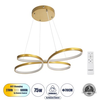 GloboStar® BUTTERFLY 61393 Κρεμαστό Φωτιστικό Οροφής Design LED CCT 75W 8400lm 300° AC 220-240V - Εναλλαγή Φωτισμού μέσω Τηλεχειριστηρίου All In One Ψυχρό 6000k+Φυσικό 4500k+Θερμό 2700k Dimmable Μ71 x Π52 x Υ4cm - Χρυσό Βούρτσας - 3 Years Warranty