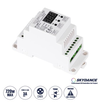 GloboStar® 70670 S1-DR SKYDANCE AC Triac DMX Dimmer Din Rail Ράγας 2 Καναλιών AC 100-240V 2 x 1.5A 360W - Max 3A 720W - IP20 DMX512 Μ11.5 x Π5 x Υ6.5cm - 5 Years Warranty