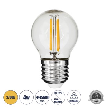 GloboStar® 99004 Λάμπα LED Long Filament E27 G45 Γλομπάκι 4W 400lm 360° AC 220-240V IP20 Φ4.5 x Υ7.5cm Θερμό Λευκό 2700K με Διάφανο Γυαλί - Dimmable - 3 Years Warranty