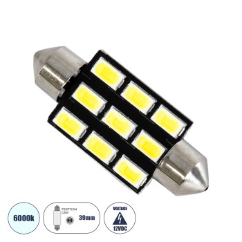 GloboStar® C5W 81307 Λάμπα Αυτοκινήτου LED 39mm FESTOON - 9xSMD5630 4.5W 675lm 120° DC 12-16V IP20 Μ3.9 x Π1.2 x Υ1.2cm Ψυχρό Λευκό 6000K