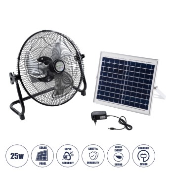 GloboStar® SOLARO-FAN 85352 Solar Fan Αυτόνομος Ηλιακός Επιδαπέδιος Ανεμιστήρας 25W 2 Λειτουργιών Ρεύματος με AC 220-240V ή με Φωτοβολταϊκό Panel 9V 12W & Επαναφορτιζόμενη Μπαταρία Li-ion 7.4V 4400mAh - 12 Ταχύτητες - Ενσωματωμένο USB 2.0 Charger Συσκευών