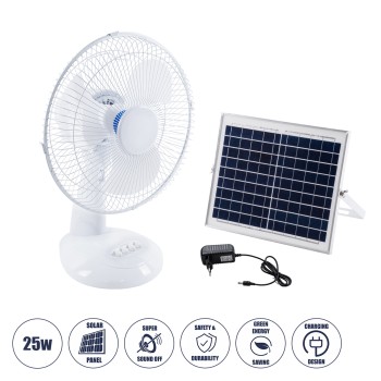 GloboStar® SOLARI-FAN 85354 Solar Fan Αυτόνομος Ηλιακός Επιτραπέζιος Ανεμιστήρας 25W 2 Λειτουργιών Ρεύματος με AC 220-240V ή με Φωτοβολταϊκό Panel 9V 12W & Επαναφορτιζόμενη Μπαταρία Li-ion 7.4V 4400mAh - 3 Ταχύτητες - IP20 - Μ24 x Π36 x Υ49cm - Λευκό - 2 