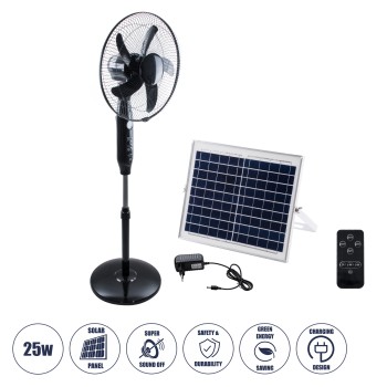 GloboStar® SOLARE-FAN 85358 Solar Fan Αυτόνομος Ηλιακός Επιδαπέδιος Ανεμιστήρας 25W 2 Λειτουργιών Ρεύματος με AC 220-240V ή με Φωτοβολταϊκό Panel 9V 15W & Επαναφορτιζόμενη Μπαταρία Li-ion 7.4V 6000mAh - 12 Ταχύτητες - Ασύρματο Χειριστήριο - Ενσωματωμένο U