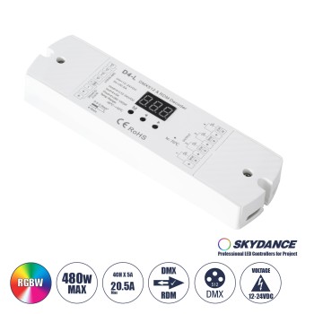 GloboStar® 70668 D4-L SKYDANCE DC DMX & RDM Dimmer High Speed Controller / Decoder 4 Καναλιών DC 12-24V 4 x 5A 120W - Max 20.5A 480W - IP20 Μ17 x Π5 x Υ2.5cm - 5 Years Warranty