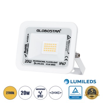 GloboStar® ATLAS 61409 Επαγγελματικός Προβολέας LED 20W 2300lm 120° AC 220-240V - Αδιάβροχος IP67 - Μ12 x Π2.5 x Υ9.5cm - Λευκό - Θερμό Λευκό 2700K - LUMILEDS Chips - TÜV Rheinland Certified - 5 Years Warranty