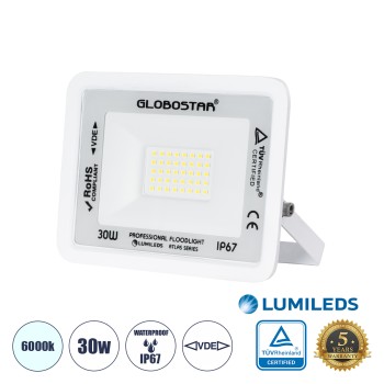 GloboStar® ATLAS 61413 Επαγγελματικός Προβολέας LED 30W 3750lm 120° AC 220-240V - Αδιάβροχος IP67 - Μ16 x Π2.5 x Υ12.5cm - Λευκό - Ψυχρό Λευκό 6000K - LUMILEDS Chips - TÜV Rheinland Certified - 5 Years Warranty