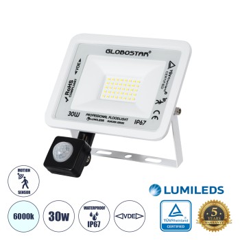 GloboStar® AURORA 61440 Επαγγελματικός Προβολέας LED 30W 3750lm 120° AC 220-240V με Ενσωματωμένο Ρυθμιζόμενο Αισθητήρα Κίνησης PIR - Αδιάβροχος IP67 - Μ16 x Π5 x Υ17.5cm - Λευκό - Ψυχρό Λευκό 6000K - LUMILEDS Chips - TÜV Rheinland Certified - 3 Years Warr