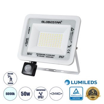 GloboStar® AURORA 61442 Επαγγελματικός Προβολέας LED 50W 6250lm 120° AC 220-240V με Ενσωματωμένο Ρυθμιζόμενο Αισθητήρα Κίνησης PIR - Αδιάβροχος IP67 - Μ21 x Π5 x Υ21cm - Λευκό - Ψυχρό Λευκό 6000K - LUMILEDS Chips - TÜV Rheinland Certified - 3 Years Warran