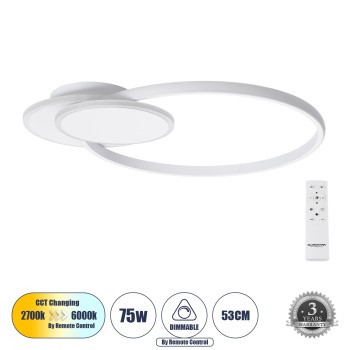 GloboStar® CIRCUO 61230 Φωτιστικό Οροφής Δαχτυλίδι-Κύκλος LED CCT 75W 8400lm 360° AC 220-240V - Εναλλαγή Φωτισμού μέσω Τηλεχειριστηρίου All In One Ψυχρό 6000k+Φυσικό 4500k+Θερμό 2700k Dimmable Μ53 x Π42.5 x Υ9cm - Λευκό - 3 Years Warranty