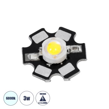 GloboStar® 73741 High Power Star LED - Υψηλής Ισχύος Star LED 3W DC 3.2V Ψυχρό Λευκό 6000K Φ2 x Υ0.6cm - 2 Χρόνια Εγγύηση