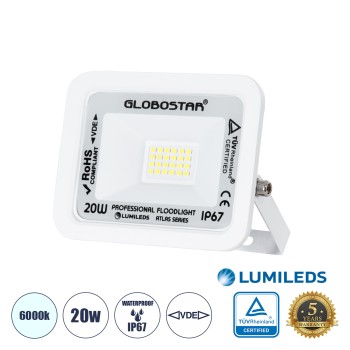 GloboStar® ATLAS 61407 Επαγγελματικός Προβολέας LED 20W 2500lm 120° AC 220-240V - Αδιάβροχος IP67 - Μ12 x Π2.5 x Υ9.5cm - Λευκό - Ψυχρό Λευκό 6000K - LUMILEDS Chips - TÜV Rheinland Certified - 5 Years Warranty