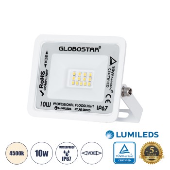 GloboStar® ATLAS 61405 Επαγγελματικός Προβολέας LED 10W 1200lm 120° AC 220-240V - Αδιάβροχος IP67 - Μ10 x Π2 x Υ8cm - Λευκό - Φυσικό Λευκό 4500K - LUMILEDS Chips - TÜV Rheinland Certified - 5 Years Warranty