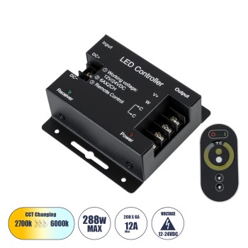 GloboStar® 73351 RFTC-02 DC Dimmer High Speed Controller 2 Κανάλιων DC 12-24V 2 x 6A 288W - Max 12A 288W - IP20 Μ8.3 x Π8.3 x Υ3.2cm - 3 Χρόνια Εγγύηση