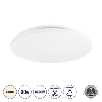 GloboStar® CELANO 61009 LED Πλαφονιέρα Οροφής Στρόγγυλη Φ33 30W 2850lm 120° AC 220-240V Αδιάβροχη IP54 Φ33 x Υ6cm Φυσικό Λευκό 4500K - 3 Χρόνια Εγγύηση