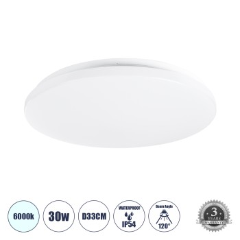 GloboStar® CELANO 61008 LED Πλαφονιέρα Οροφής Στρόγγυλη Φ33 30W 3000lm 120° AC 220-240V Αδιάβροχη IP54 Φ33 x Υ6cm Ψυχρό Λευκό 6000K - 3 Χρόνια Εγγύηση