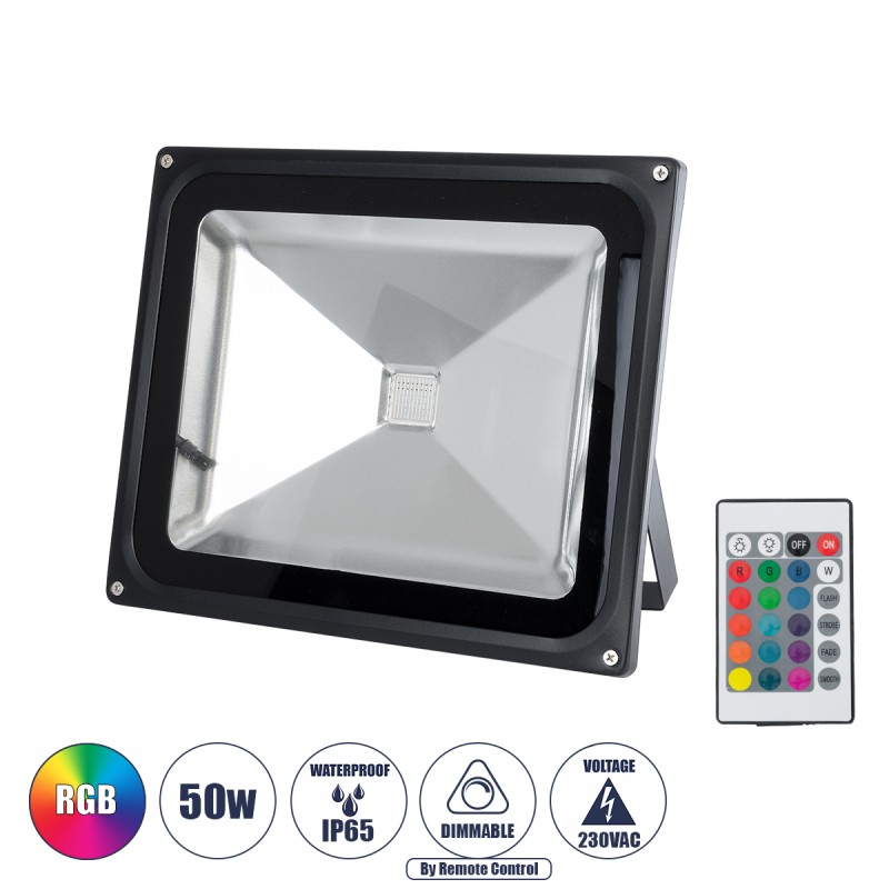 GloboStar® 75602 Επαγγελματικός Προβολέας LED 50W 3250lm 120° AC 220-240V Αδιάβροχος IP65 με Ασύρματο Χειριστήριο IR - RGB - Μ28.5 x Π23.5 x Υ10cm - 3 Χρόνια Εγγύηση