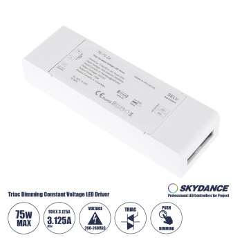 GloboStar® 73130 TE-75-24 SKYDANCE AC Triac Dimmer Push Dimming 1 Κανάλι AC 200-240V 1 x 3.125A 75W - Max 3.125A 75W - IP20 Μ18 x Π5.7 x Υ3cm - 5 Χρόνια Εγγύηση