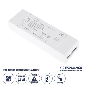 GloboStar® 73129 TE-75-12 SKYDANCE AC Triac Dimmer Push Dimming 1 Κανάλι AC 200-240V 1 x 6.25A 75W - Max 6.25A 75W - IP20 Μ18 x Π5.7 x Υ3cm - 5 Χρόνια Εγγύηση