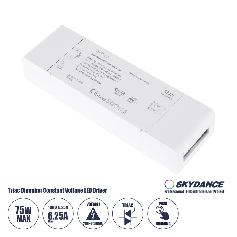 GloboStar® 73129 TE-75-12 SKYDANCE AC Triac Dimmer Push Dimming 1 Κανάλι AC 200-240V 1 x 6.25A 75W - Max 6.25A 75W - IP20 Μ18 x Π5.7 x Υ3cm - 5 Χρόνια Εγγύηση