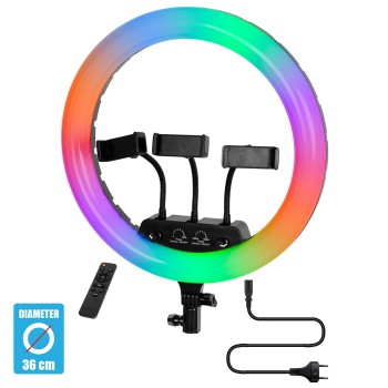 GloboStar® 75804 Professional Digital Ring Light Φ36cm LED SMD 50W 5000lm 180° AC 230V με Καλώδιο Τροφοδοσίας Πρίζας - Ασύρματο Χειριστήριο RF 2.4Ghz Εναλλαγής Χρωμάτων & 3 Βάσεις Τηλεφώνου - Πολύχρωμο RGBW+WW Dimmable