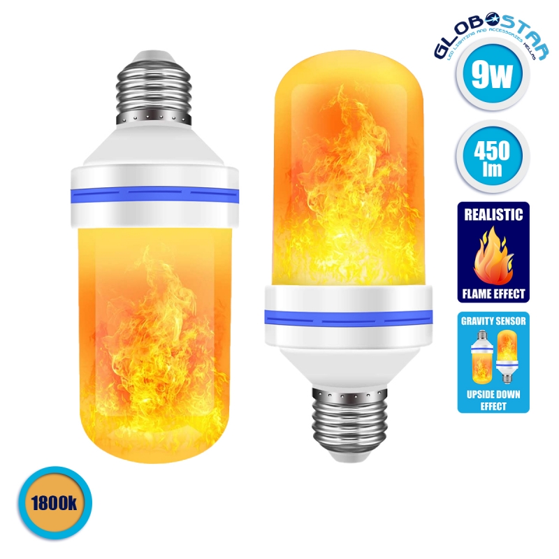 GloboStar® 100076075 Λάμπα LED E27 Summer Flame Flickering Fire Burning Effect Peaceful Romantic and Relax 9W 450lm 320° AC 85-265V με 4 Λειτουργίες Εφέ και Αναστροφή Φλόγας Θερμό Λευκό 1800K