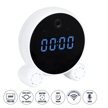 GloboStar® 86015 Rechargeable Table Camera 2MP WiFi HD 1080P 120° 5000mAh Two Way Audio Motion Detection & Digital Clock - Επαναφορτιζόμενη Επιτραπέζια Κάμερα 2MP WiFi HD 1080P 120° 5000mAh Διπλή Κατέυθυνση Ομιλίας Ανιχνευτή Κίνησης Ψηφιακό Ρολόι - Λευκό