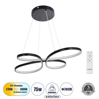 GloboStar® BUTTERFLY 61391 Κρεμαστό Φωτιστικό Οροφής Design LED CCT 75W 8400lm 300° AC 220-240V - Εναλλαγή Φωτισμού μέσω Τηλεχειριστηρίου All In One Ψυχρό 6000k+Φυσικό 4500k+Θερμό 2700k Dimmable Μ71 x Π52 x Υ4cm - Μαύρο - 3 Years Warranty