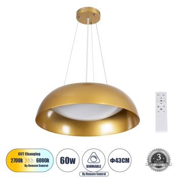 GloboStar® ANATOLIA 61268 Κρεμαστή Πλαφονιέρα Οροφής LED CCT 60W 6900lm 120° AC 220-240V - Εναλλαγή Φωτισμού μέσω Τηλεχειριστηρίου All In One Ψυχρό 6000k+Φυσικό 4500k+Θερμό 2700k Dimmable Φ43cm - Χρυσό - 3 Years Warranty