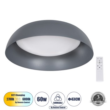 GloboStar® ANATOLIA 61262 Πλαφονιέρα Οροφής LED CCT 60W 6900lm 120° AC 220-240V - Εναλλαγή Φωτισμού μέσω Τηλεχειριστηρίου All In One Ψυχρό 6000k+Φυσικό 4500k+Θερμό 2700k Dimmable Φ43cm - Γκρι Ανθρακί - 3 Years Warranty