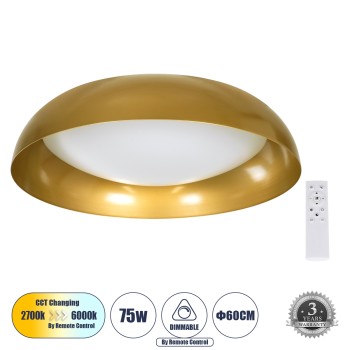 GloboStar® ANATOLIA 61266 Πλαφονιέρα Οροφής LED CCT 75W 8625lm 120° AC 220-240V - Εναλλαγή Φωτισμού μέσω Τηλεχειριστηρίου All In One Ψυχρό 6000k+Φυσικό 4500k+Θερμό 2700k Dimmable Φ60cm - Χρυσό - 3 Years Warranty