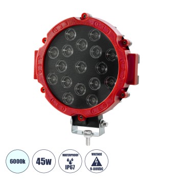 GloboStar® 85422 Vehicle & Forklift Work Lights - Φώτα Εργασίας για Οχήματα Περονοφόρα - Κλάρκ LED 45W DC 9-80V Αδιάβροχο IP67 Μαύρο Κόκκινο Μ20 x Π18 x Υ5cm