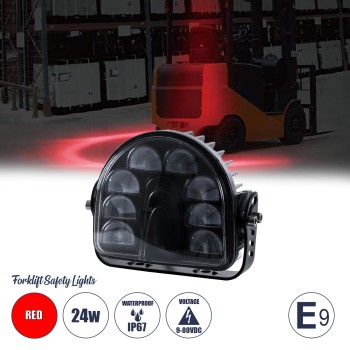 GloboStar® 85423 E9 Mark Forklift Safety Lights - Φώτα Προειδοποίησης & Διαγράμμισης Ασφαλείας για Περονοφόρα - Κλάρκ LED 24W DC 9-80V Αδιάβροχο IP67 Κόκκινο Μ14 x Π14.5 x Υ6cm