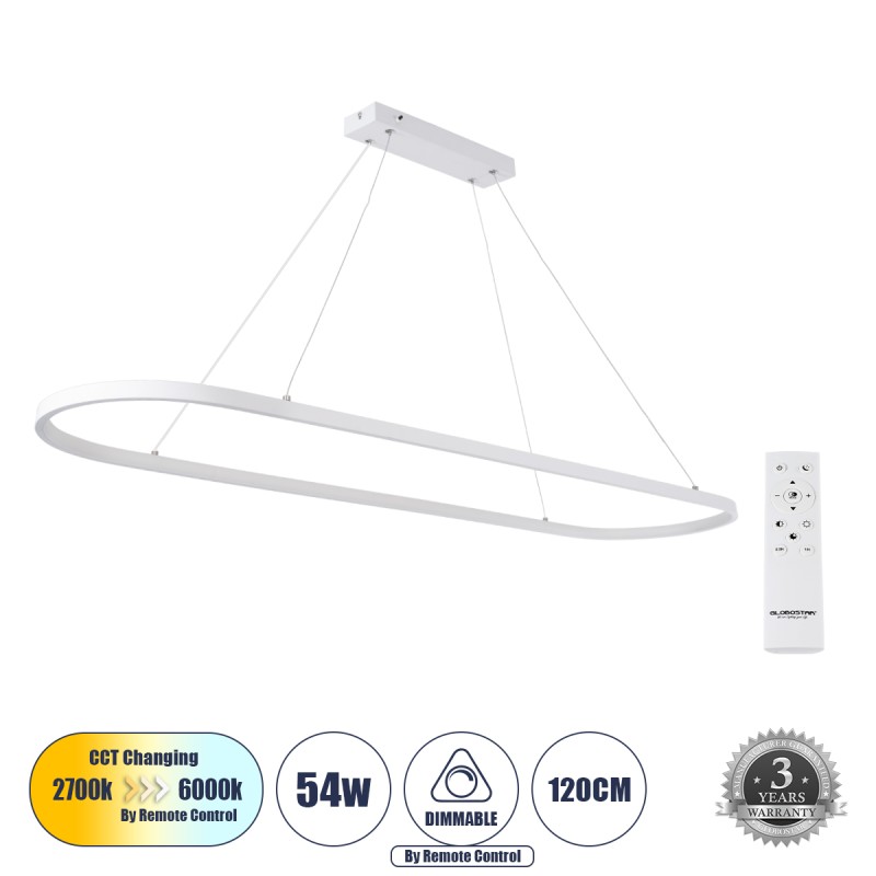 GloboStar® BOLIVAR 61272 Κρεμαστό Φωτιστικό Οροφής Design LED CCT 54W 6210lm 300° AC 220-240V - Εναλλαγή Φωτισμού μέσω Τηλεχειριστηρίου All In One Ψυχρό 6000k+Φυσικό 4500k+Θερμό 2700k Dimmable Μ120 x Π30 x Υ2cm - Λευκό - 3 Years Warranty