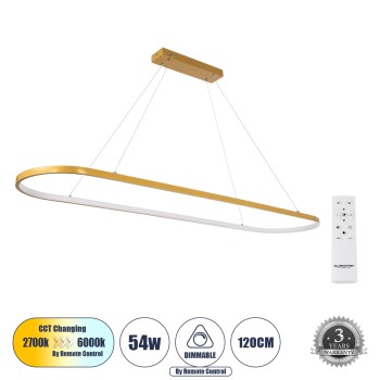 GloboStar® BOLIVAR 61274 Κρεμαστό Φωτιστικό Οροφής Design LED CCT 54W 6210lm 300° AC 220-240V - Εναλλαγή Φωτισμού μέσω Τηλεχειριστηρίου All In One Ψυχρό 6000k+Φυσικό 4500k+Θερμό 2700k Dimmable Μ120 x Π30 x Υ2cm - Χρυσό Βούρτσας - 3 Years Warranty