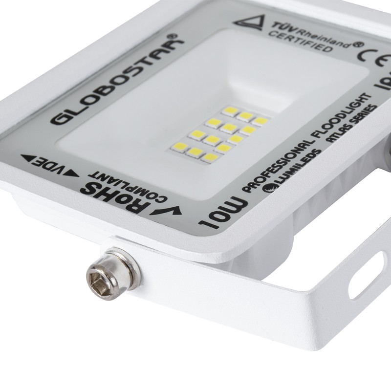 GloboStar® ATLAS 61404 Επαγγελματικός Προβολέας LED 10W 1250lm 120° AC 220-240V - Αδιάβροχος IP67 - Μ10 x Π2 x Υ8cm - Λευκό - Ψυχρό Λευκό 6000K - LUMILEDS Chips - TÜV Rheinland Certified - 5 Years Warranty